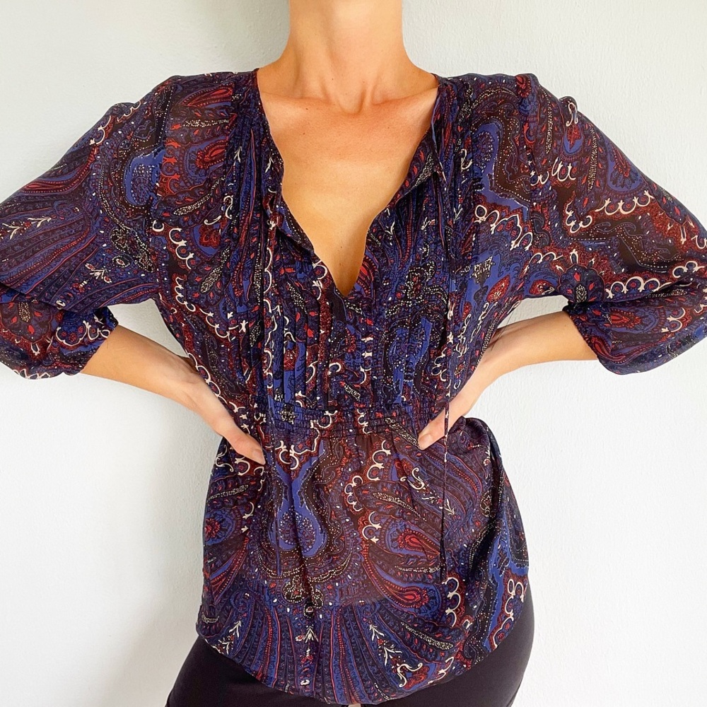 Joie blue silk sheer boho paisley print tie neck blouse size XS